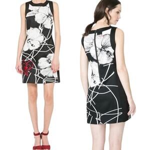Desigual Graphic Floral Print Mini Dress Cotton Hibiscus Black White Red 8